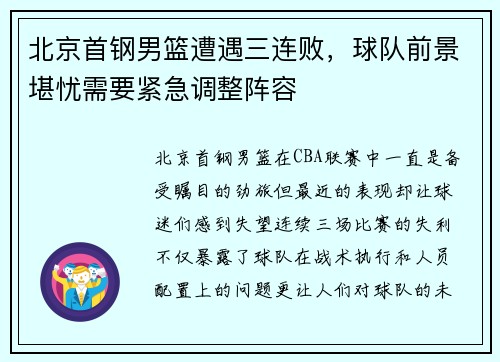 北京首钢男篮遭遇三连败，球队前景堪忧需要紧急调整阵容