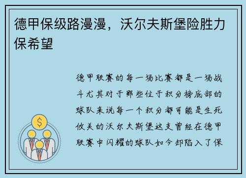 德甲保级路漫漫，沃尔夫斯堡险胜力保希望