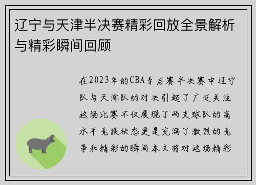辽宁与天津半决赛精彩回放全景解析与精彩瞬间回顾