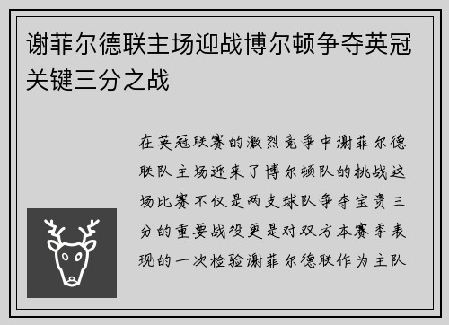 谢菲尔德联主场迎战博尔顿争夺英冠关键三分之战