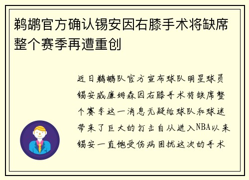 鹈鹕官方确认锡安因右膝手术将缺席整个赛季再遭重创