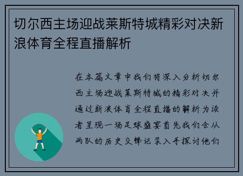 切尔西主场迎战莱斯特城精彩对决新浪体育全程直播解析