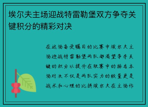 埃尔夫主场迎战特雷勒堡双方争夺关键积分的精彩对决