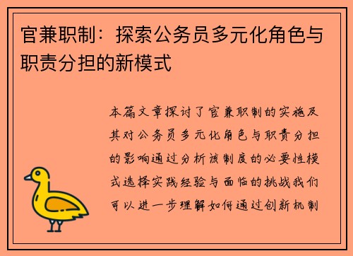 官兼职制：探索公务员多元化角色与职责分担的新模式
