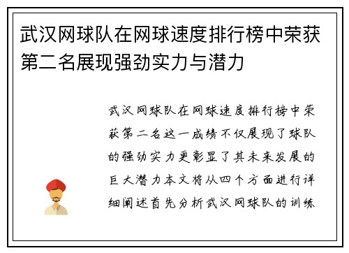 武汉网球队在网球速度排行榜中荣获第二名展现强劲实力与潜力