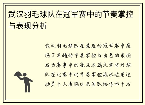 武汉羽毛球队在冠军赛中的节奏掌控与表现分析